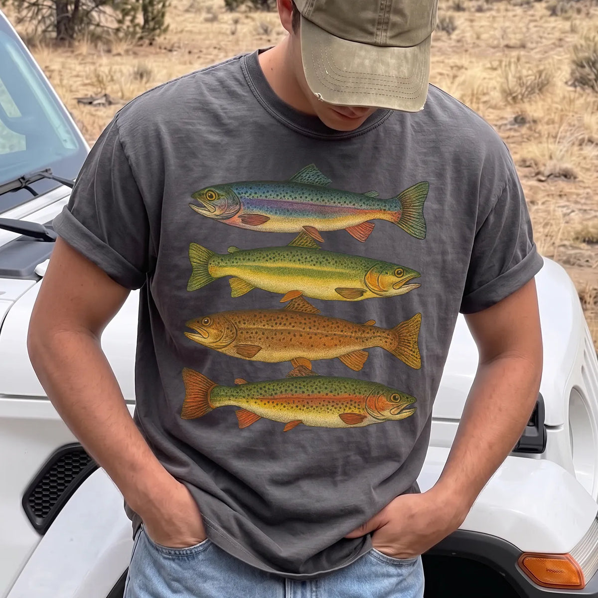 Vintage Rainbow Trout Species T-Shirt Men model in Pepper