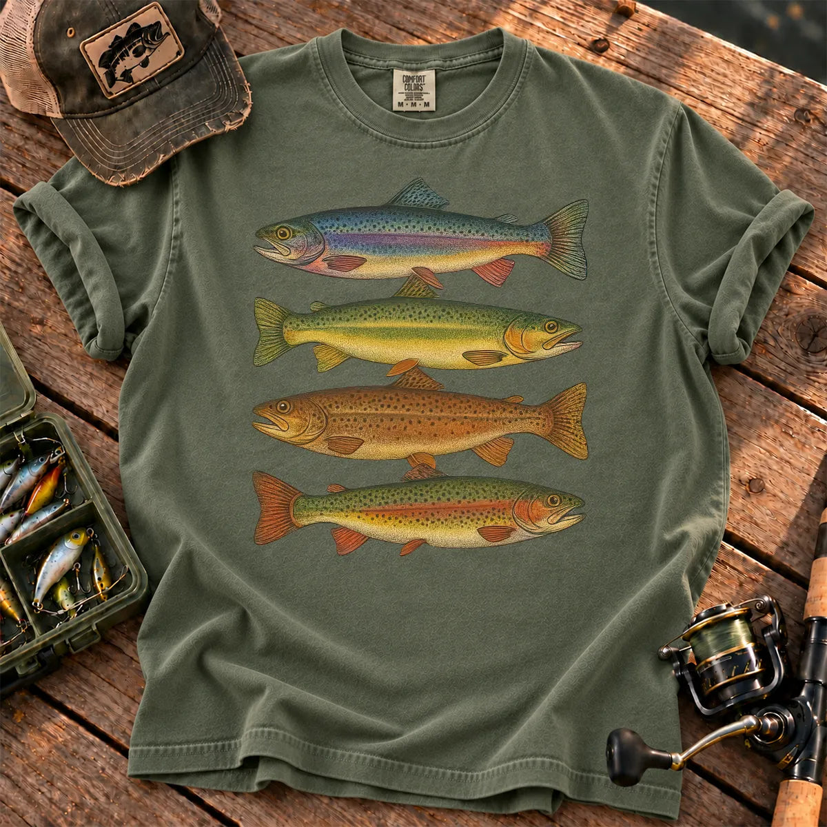Vintage Rainbow Trout Species T-Shirt in Moss