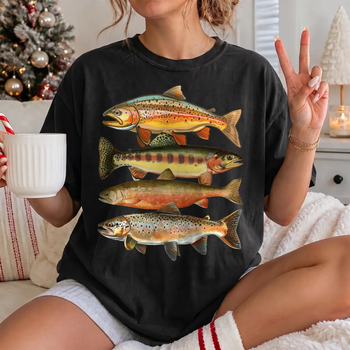 Vintage Trout Species T-Shirt Women model in Black