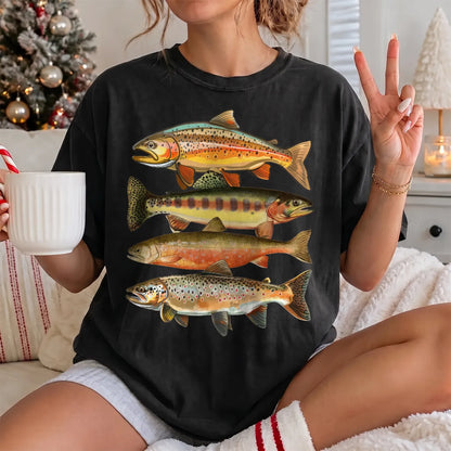 Vintage Trout Species T-Shirt Women model in Black