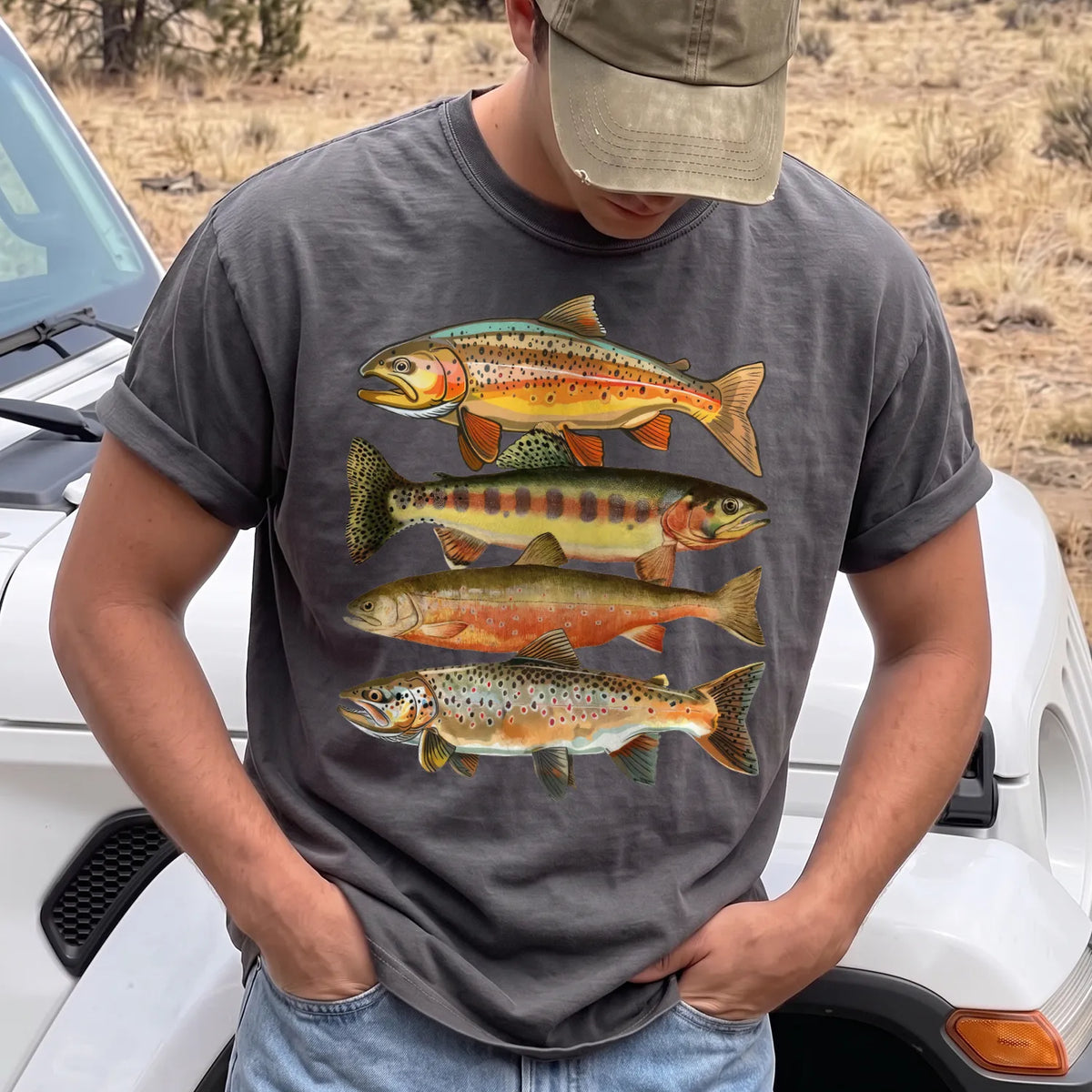 Vintage Trout Species T-Shirt Men model in Pepper