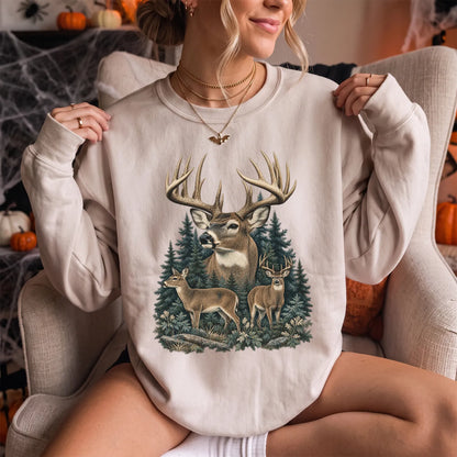 Vintage Whitetail Deer Family Sweatshirt Women model in Sand