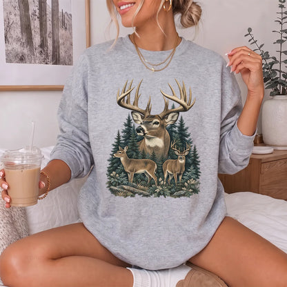 Vintage Whitetail Deer Family Sweatshirt Women model in Sport Grey