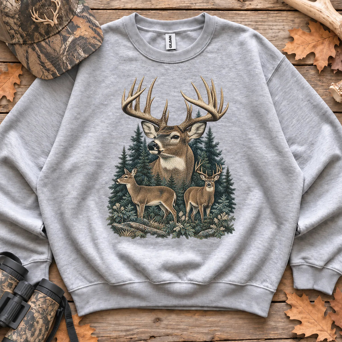Vintage Whitetail Deer Family Sweatshirt in Sport Grey
