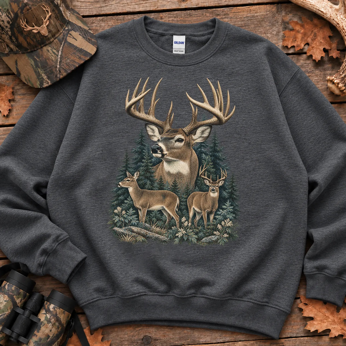 Vintage Whitetail Deer Family Sweatshirt in Dark Heather