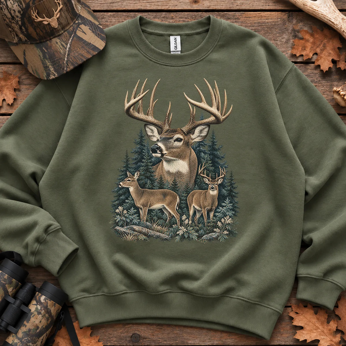 Vintage Whitetail Deer Family Sweatshirt in Military Green