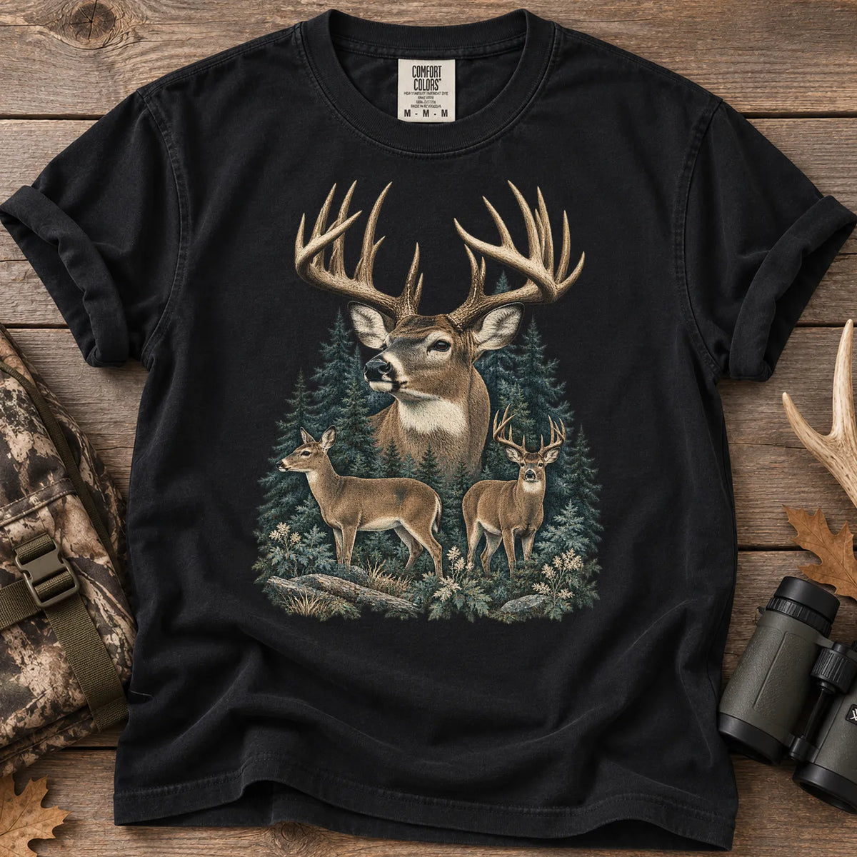 Vintage Whitetail Deer Family T-Shirt in Black