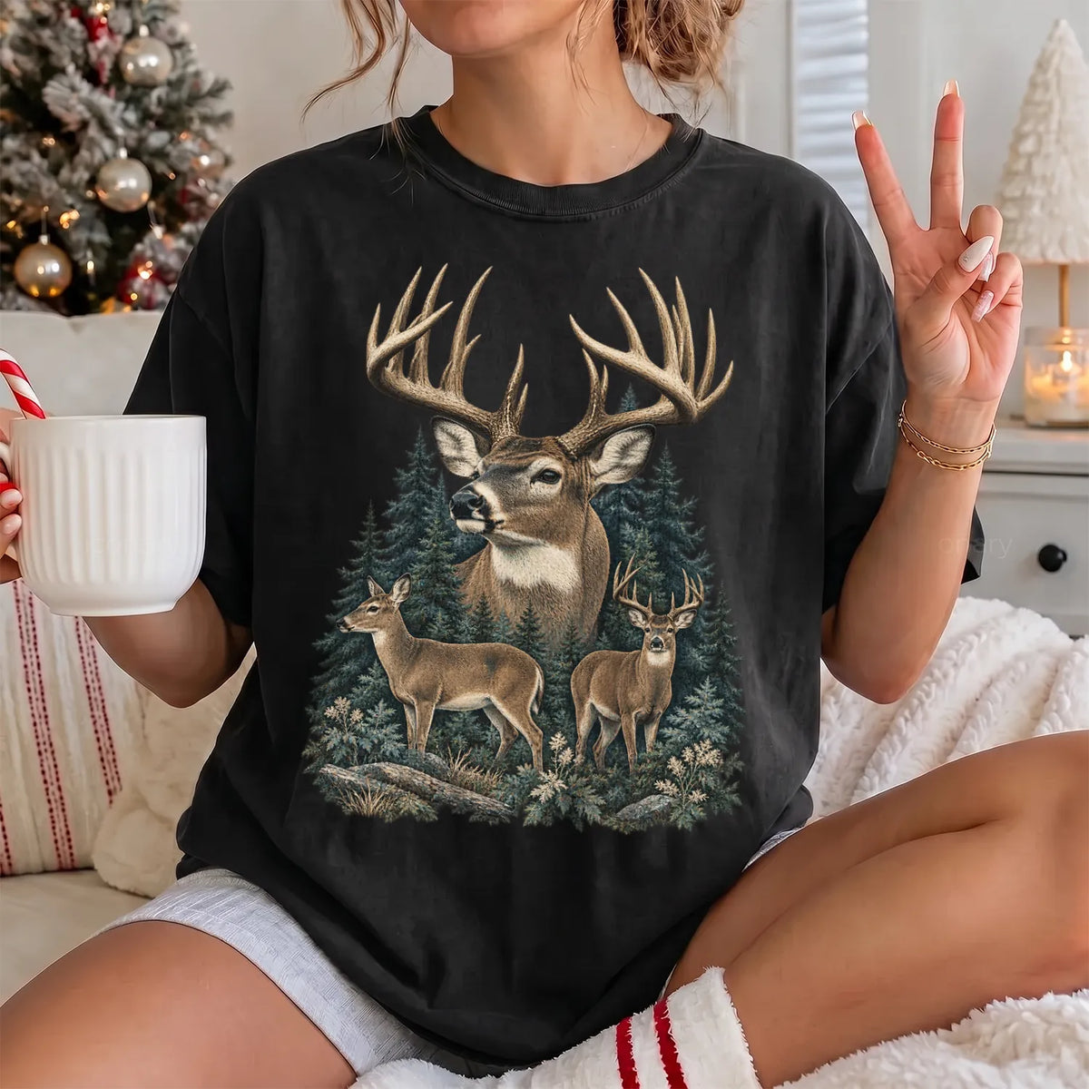 Vintage Whitetail Deer Family T-Shirt Women model in Black