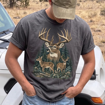 Vintage Whitetail Deer Family T-Shirt Men model in Pepper