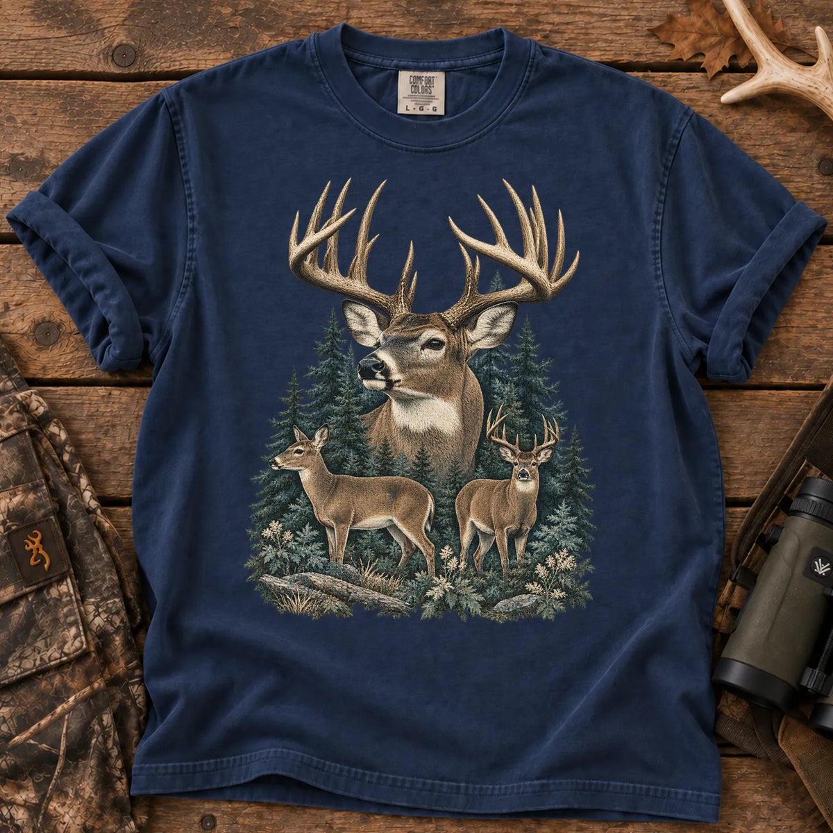 Vintage Whitetail Deer Family T-Shirt in True Navy