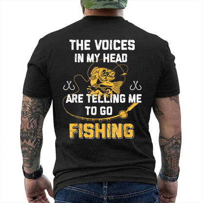 Black T-shirt back with gold bass and Voices in My Head go fishing back slogan reading 'THE VOICES IN MY HEAD ARE TELLING ME TO GO FISHING'