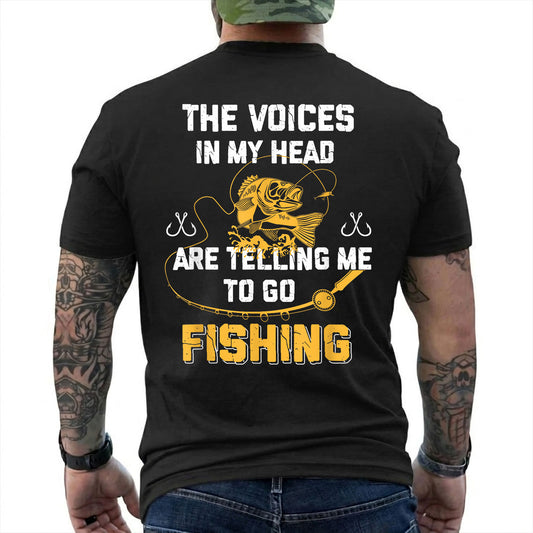 Black T-shirt back with gold bass and Voices in My Head go fishing back slogan reading 'THE VOICES IN MY HEAD ARE TELLING ME TO GO FISHING'