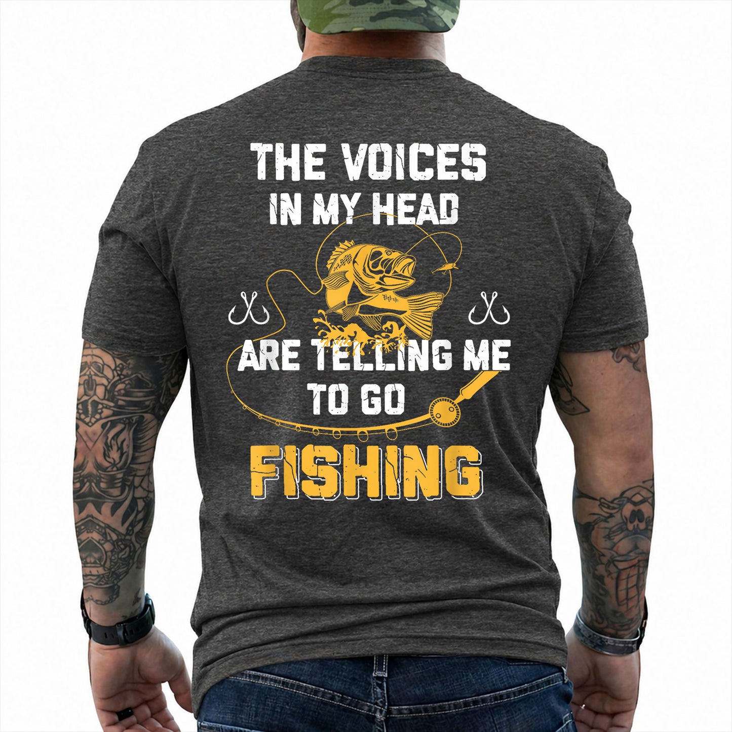 Dark Heather T-shirt back with gold bass and Voices in My Head go fishing back slogan