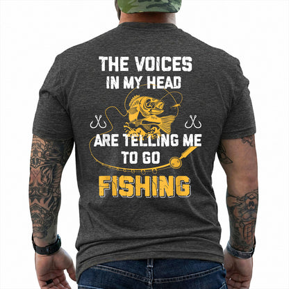 Dark Heather T-shirt back with gold bass and Voices in My Head go fishing back slogan
