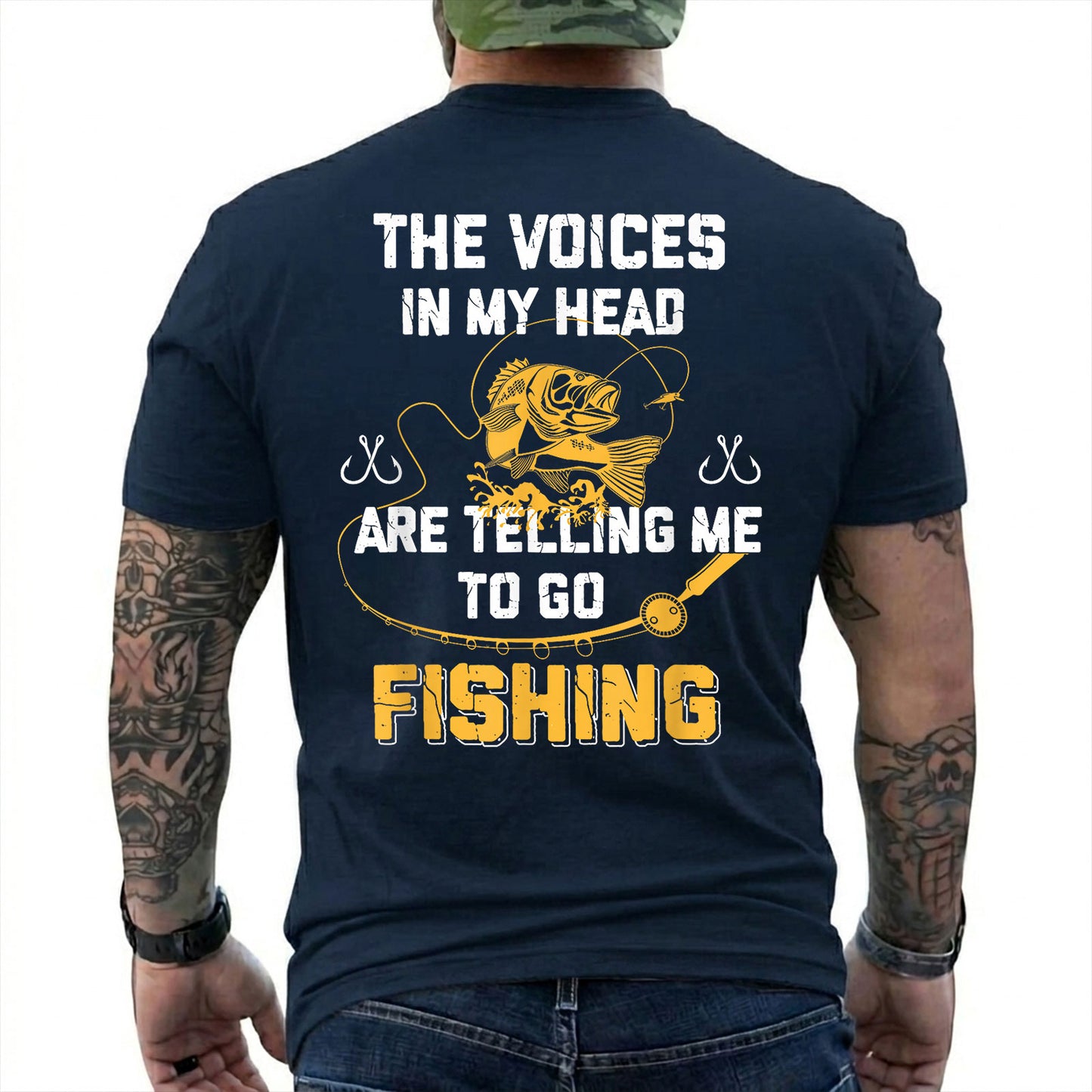 Forest Green T-shirt back with gold bass and Voices in My Head go fishing back slogan