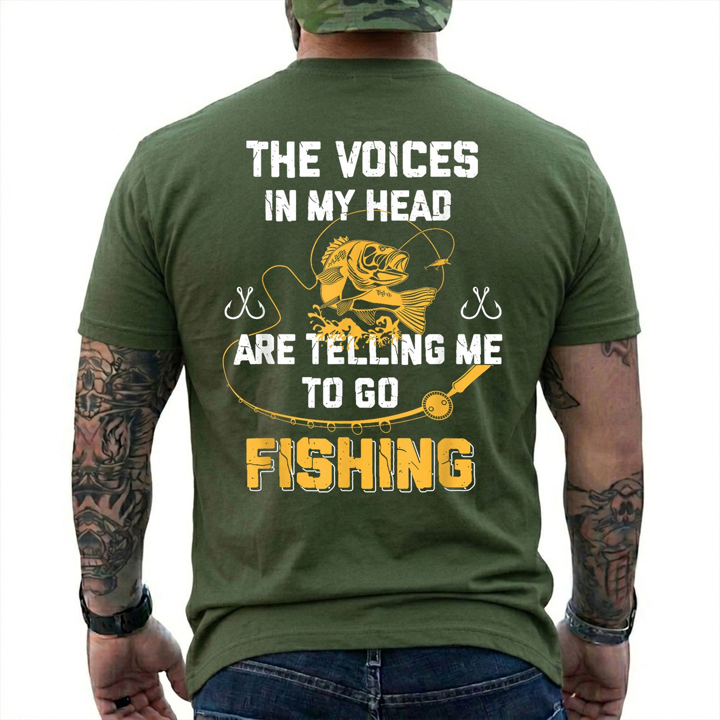 Military Green T-shirt back with gold bass and Voices in My Head go fishing back slogan