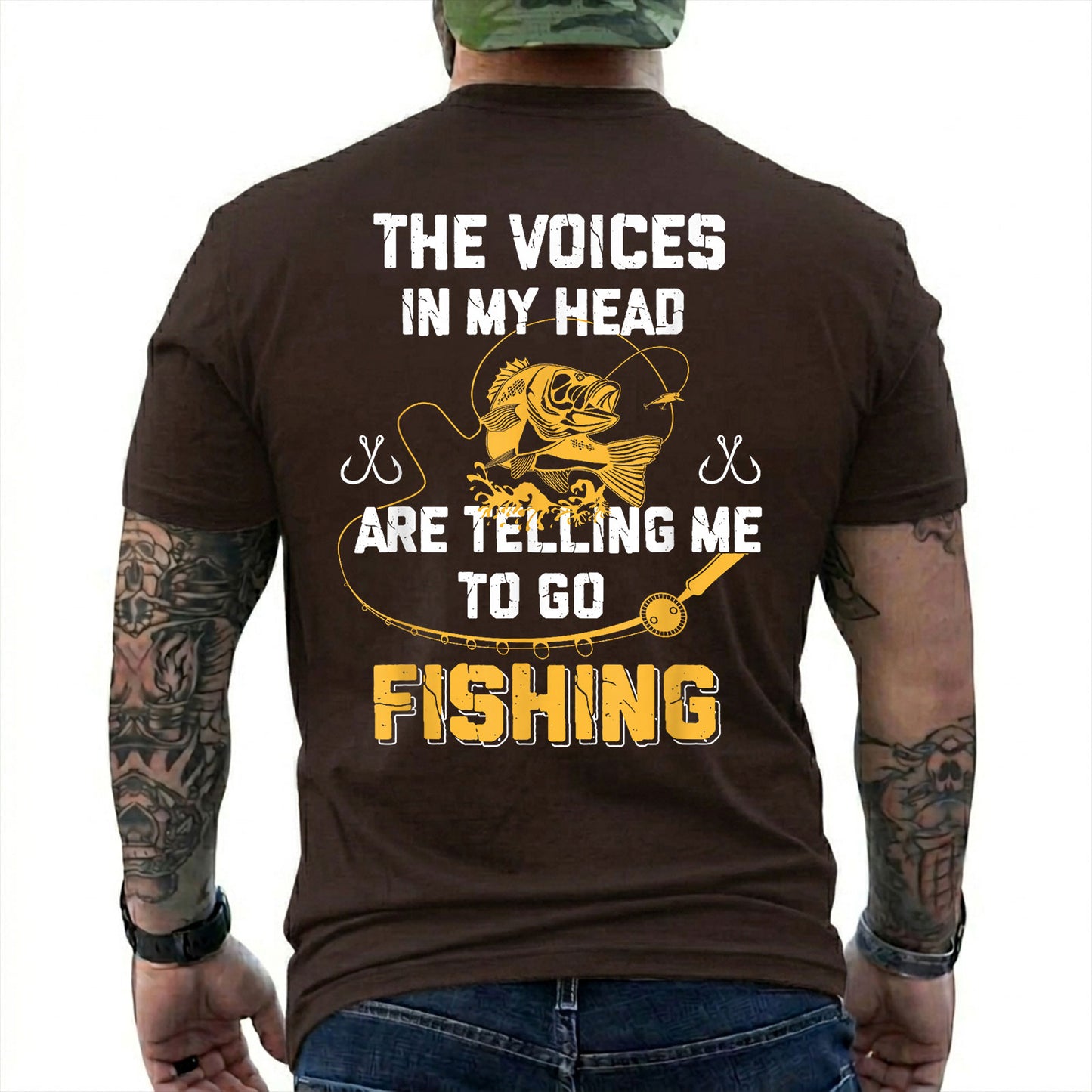 Dark Chocolate T-shirt back with gold bass and Voices in My Head go fishing back slogan
