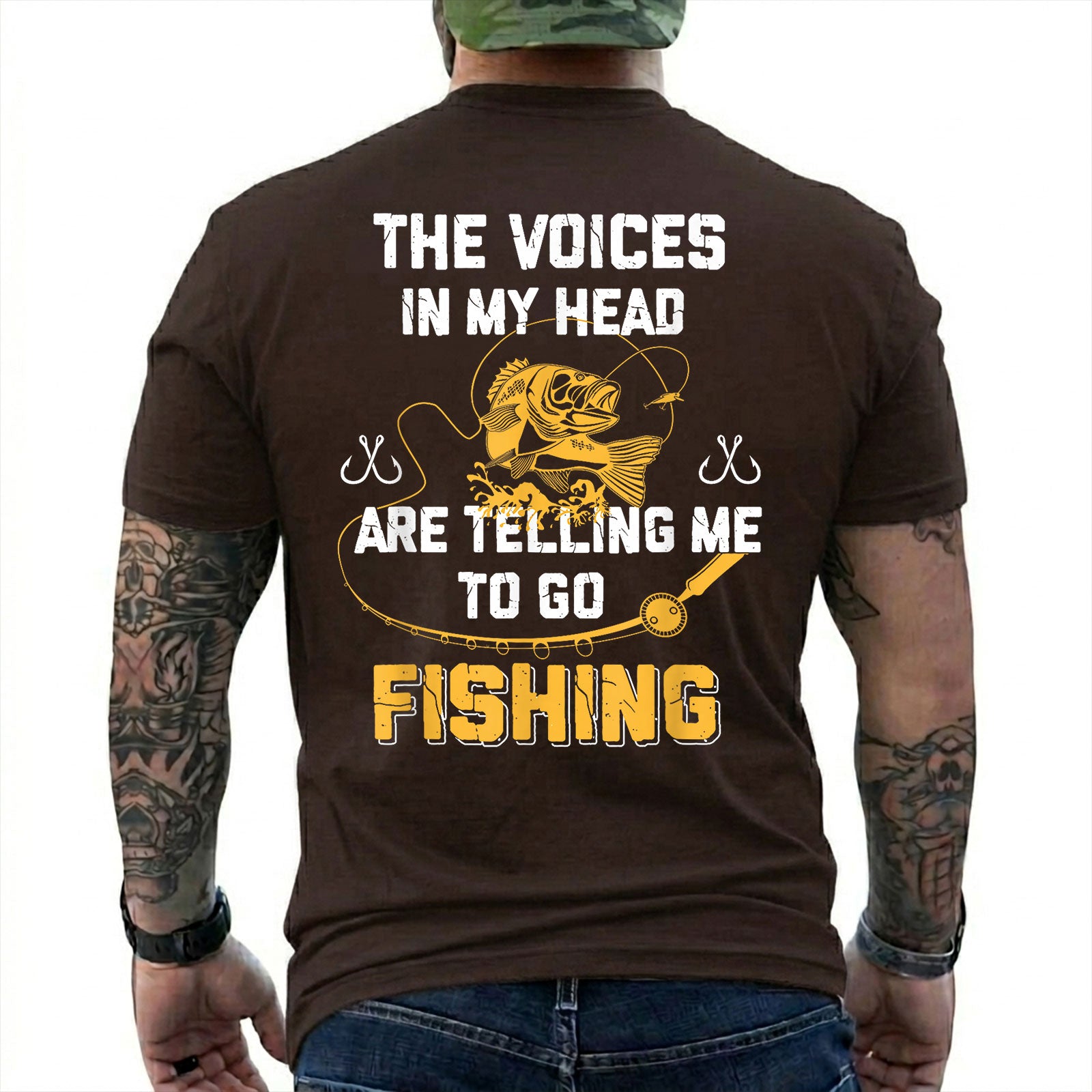 Dark Chocolate T-shirt back with gold bass and Voices in My Head go fishing back slogan