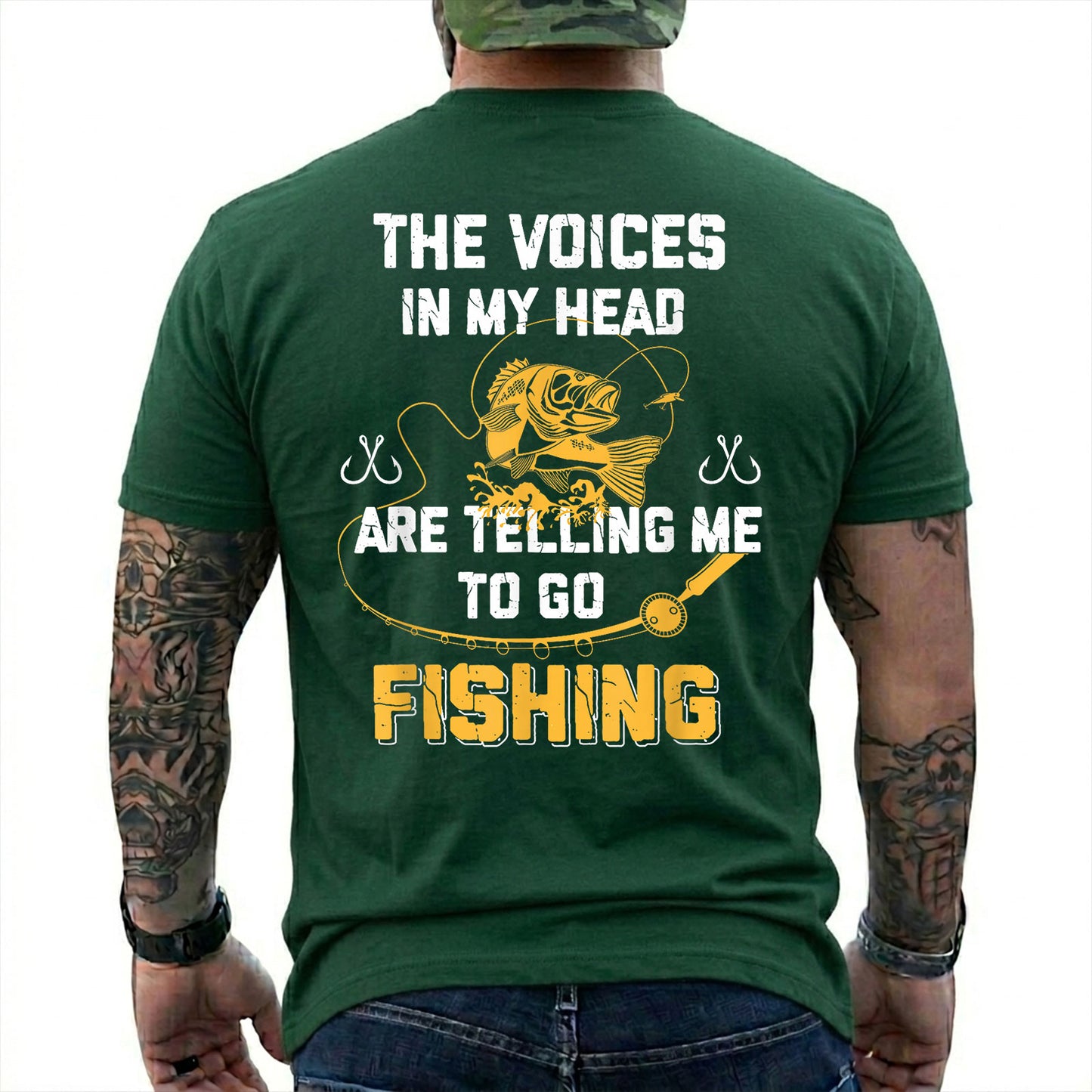 Navy T-shirt back with gold bass and Voices in My Head go fishing back slogan