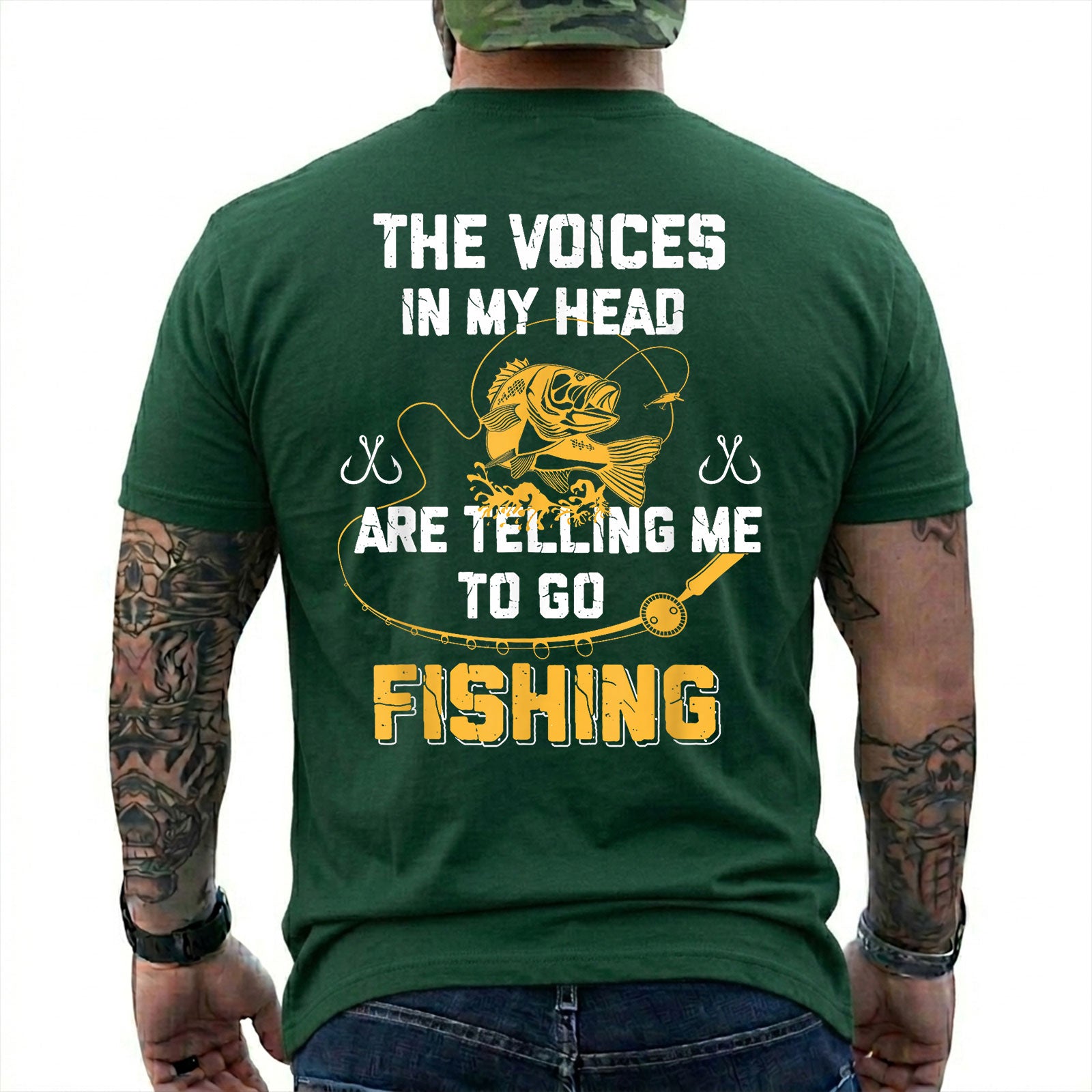 Navy T-shirt back with gold bass and Voices in My Head go fishing back slogan