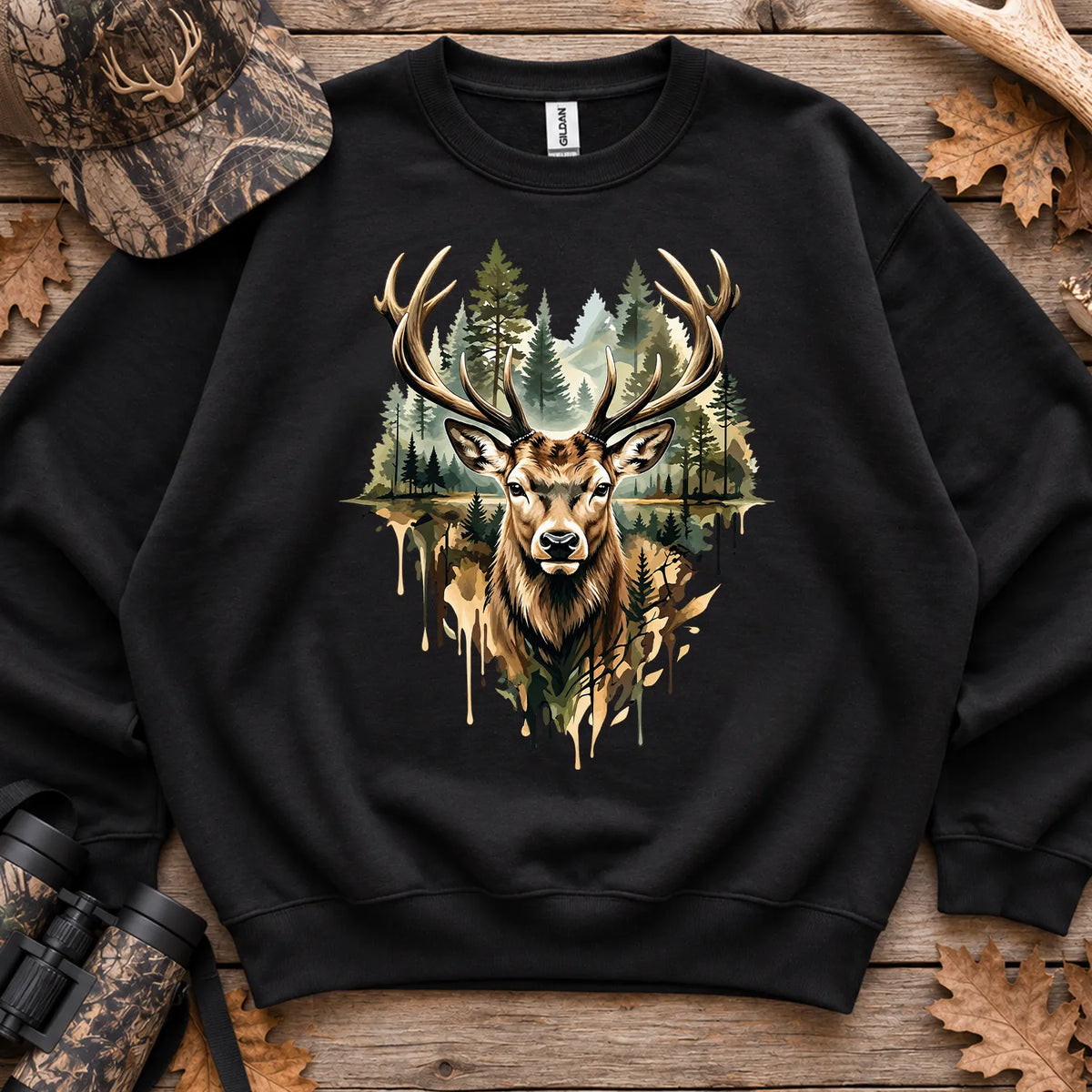 Watercolor Deer Forest Sweatshirt in Black