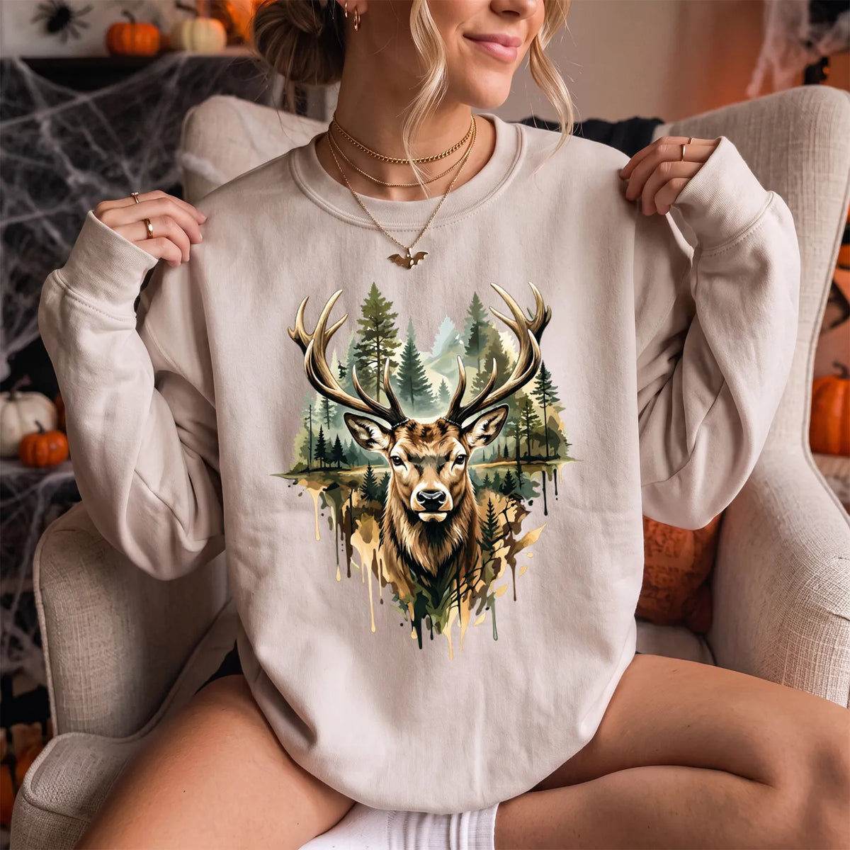 Watercolor Deer Forest Sweatshirt Women model in Sand