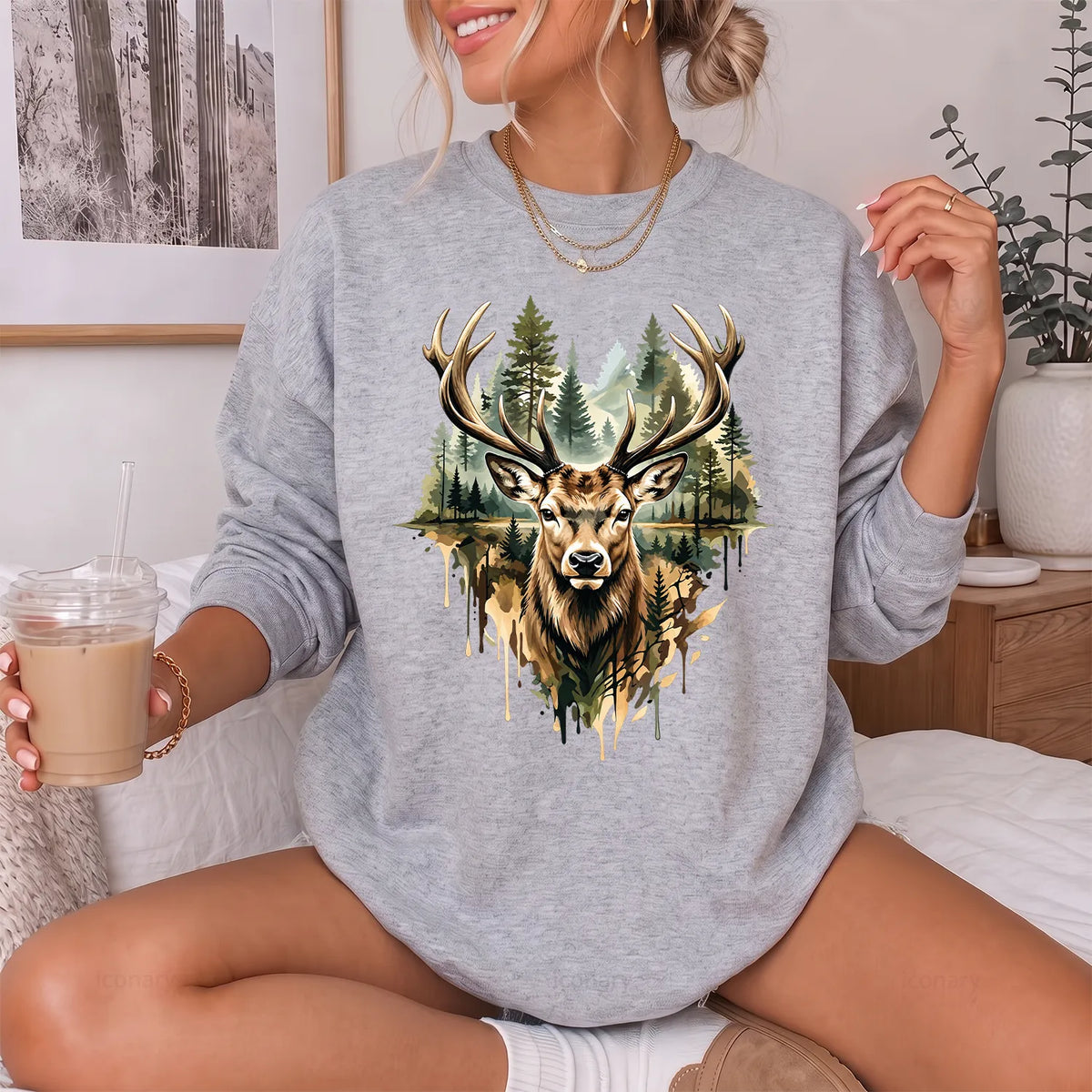 Watercolor Deer Forest Sweatshirt Women model in Sport Grey