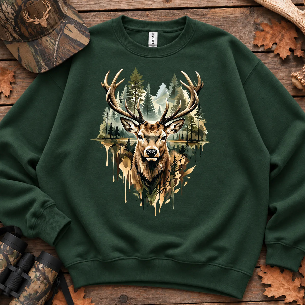 Watercolor Deer Forest Sweatshirt in Forest Green