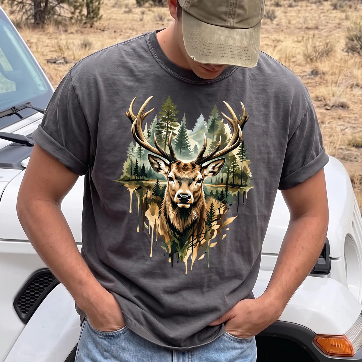 Watercolor Deer T-Shirt Men model in Pepper