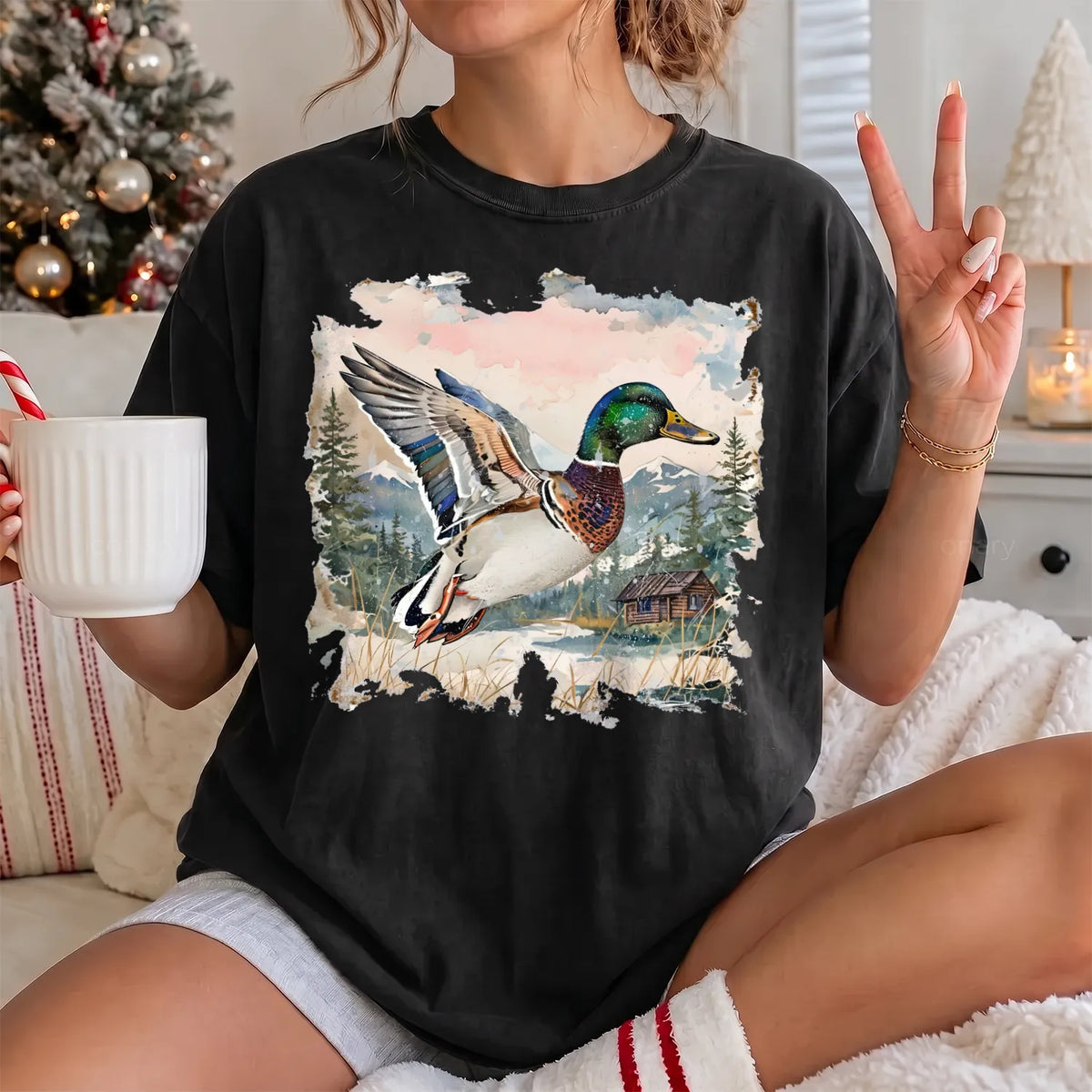 Watercolor Mallard Duck T-Shirt Women model in Black