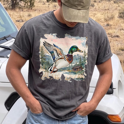 Watercolor Mallard Duck T-Shirt Men model in Pepper