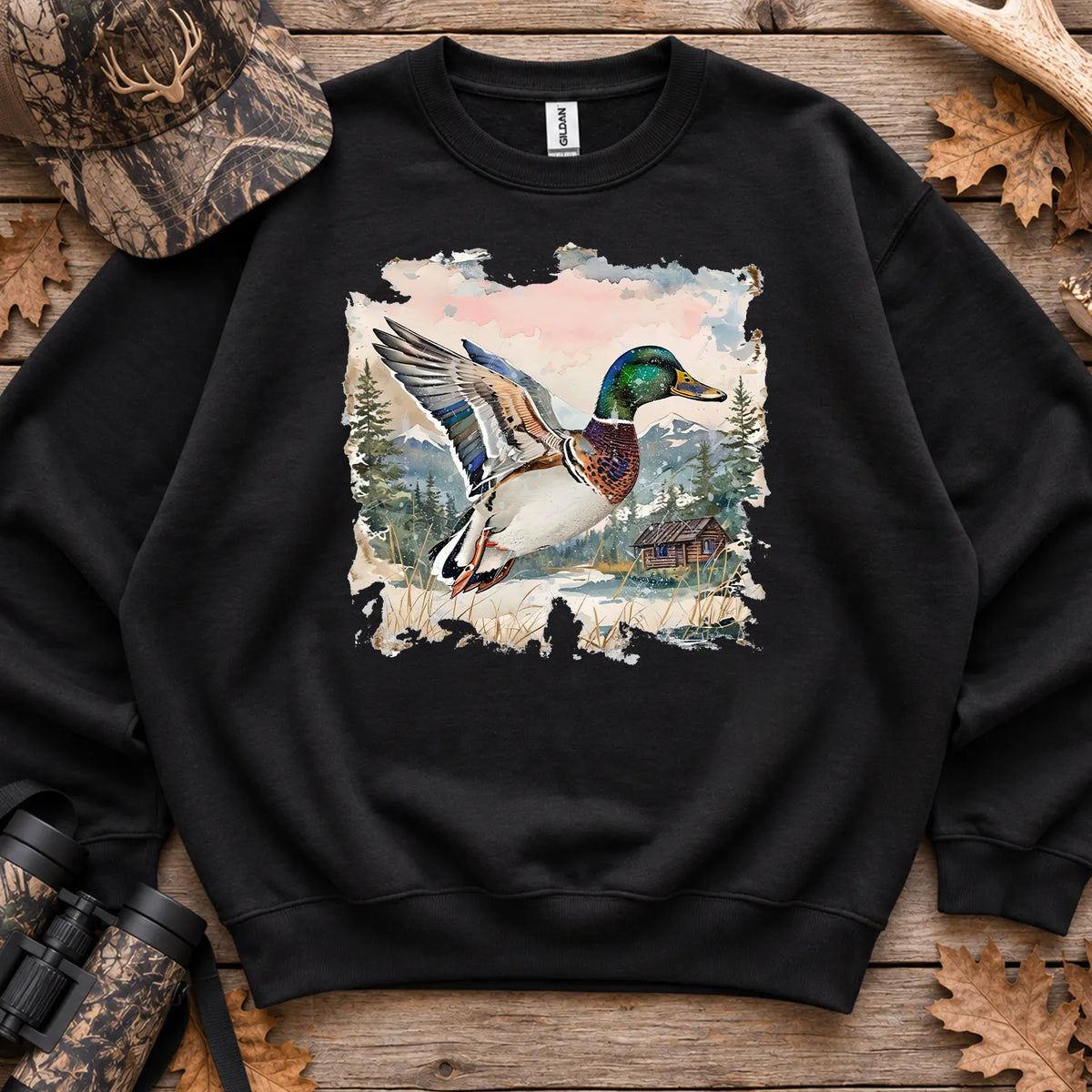 Watercolor Mallard Fall Sweatshirt in Black