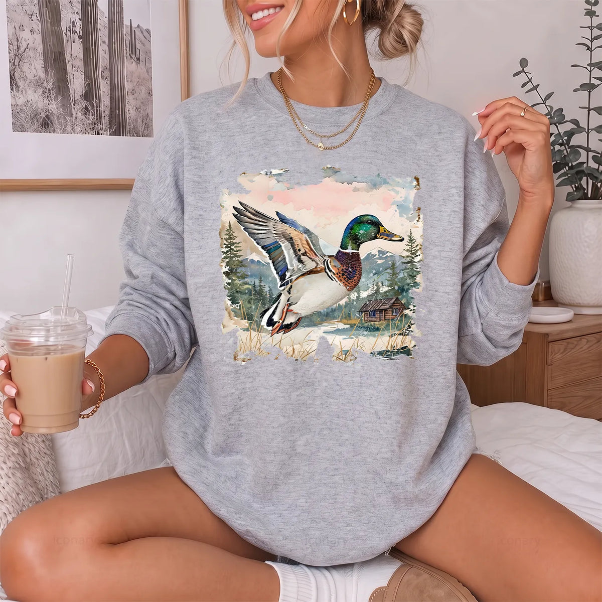 Watercolor Mallard Fall Sweatshirt Women model in Sport Grey