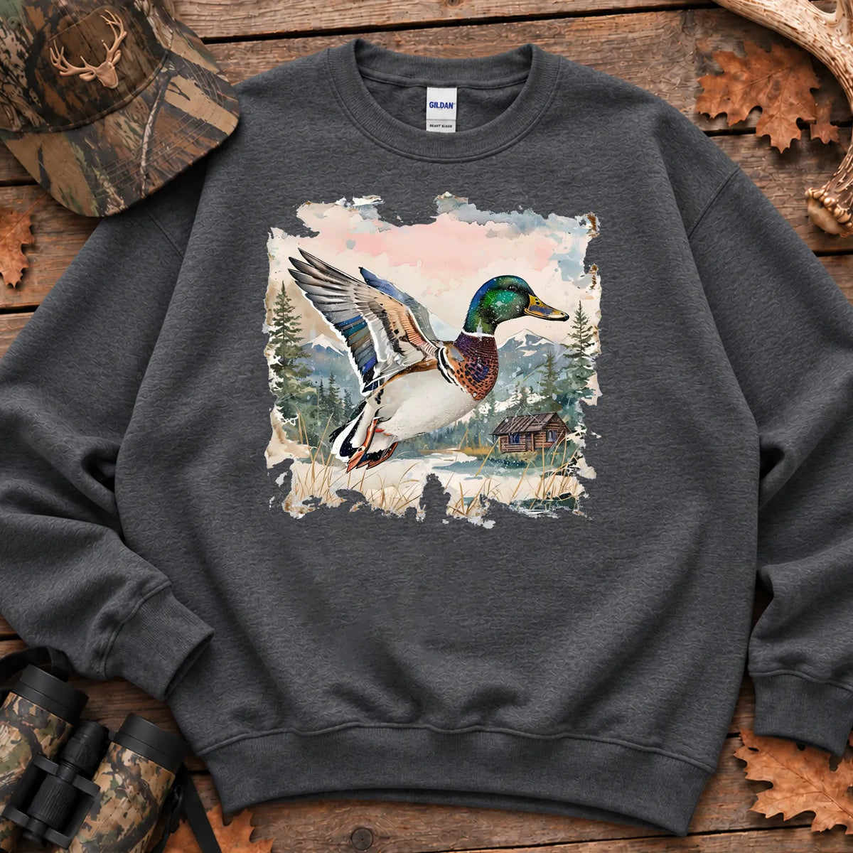Watercolor Mallard Fall Sweatshirt in Dark Heather