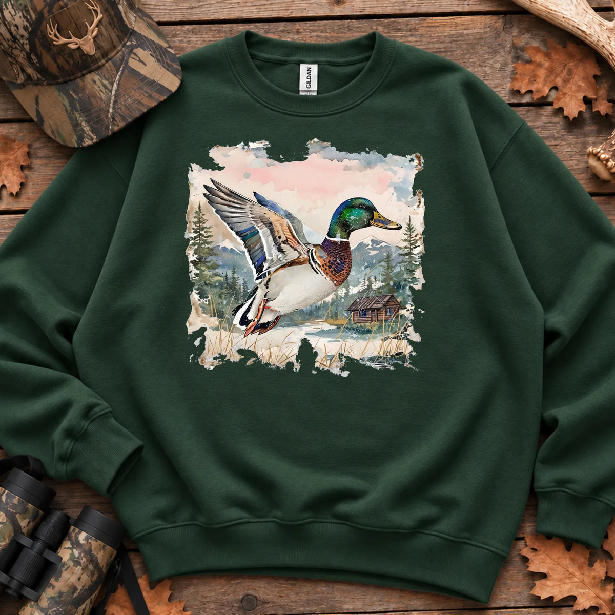 Watercolor Mallard Fall Sweatshirt in Forest Green