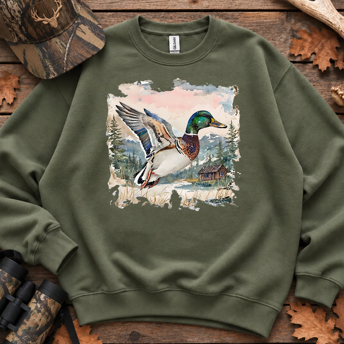 Watercolor Mallard Fall Sweatshirt in Military Green