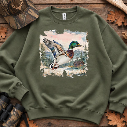 Watercolor Mallard Fall Sweatshirt in Military Green