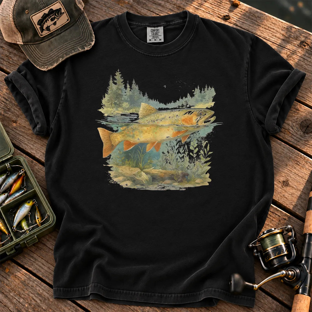 Watercolor Trout Forest T-Shirt in Black