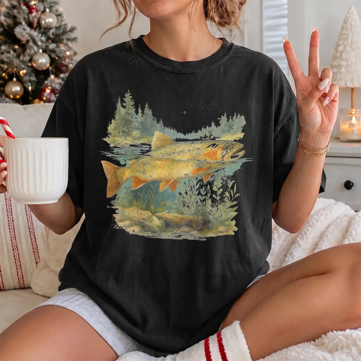 Watercolor Trout Forest T-Shirt Women model in Black