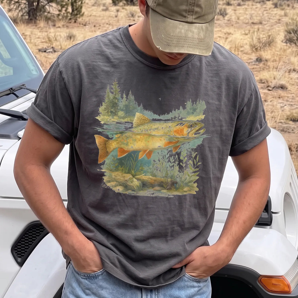 Watercolor Trout Forest T-Shirt Men model in Pepper