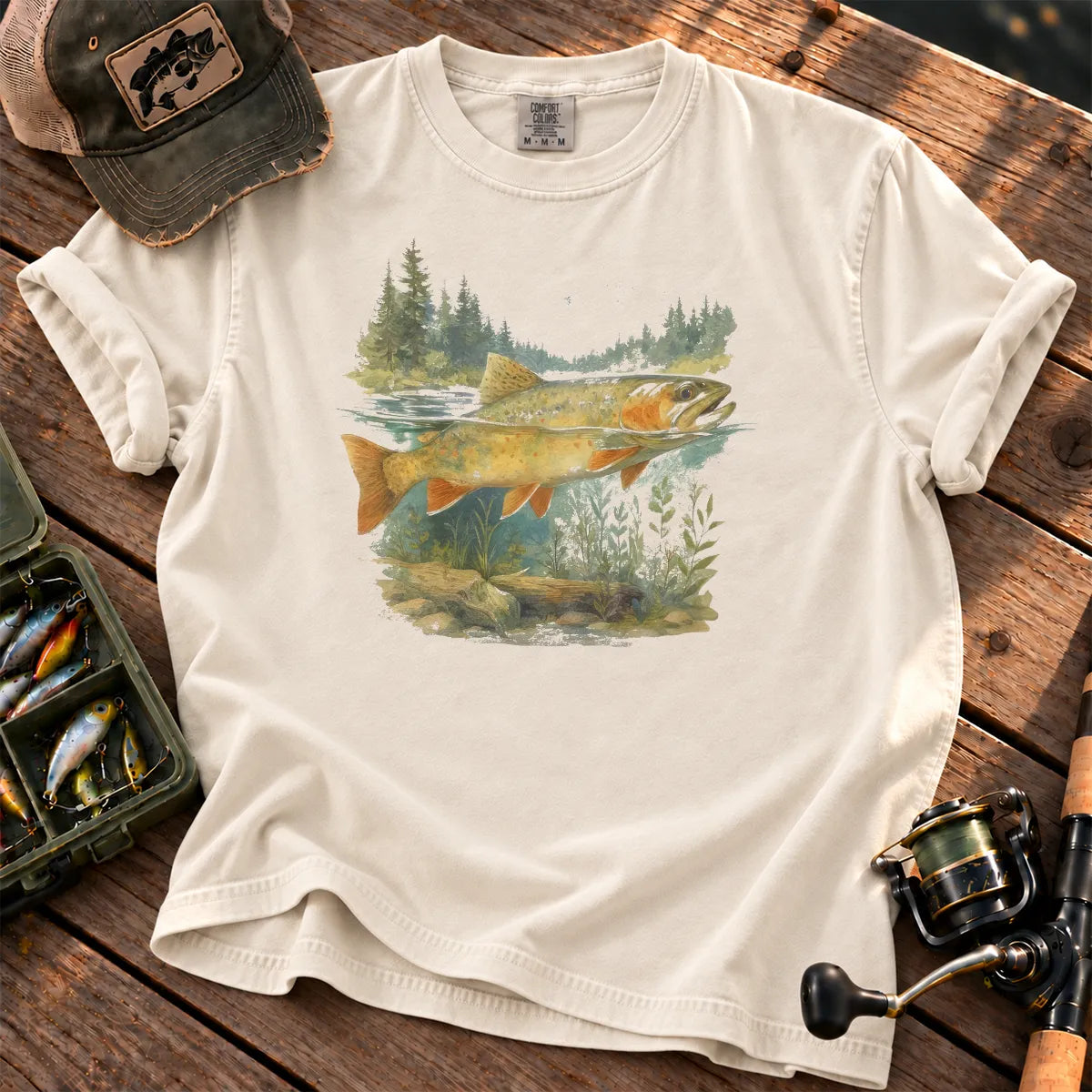 Watercolor Trout Forest T-Shirt in Ivory