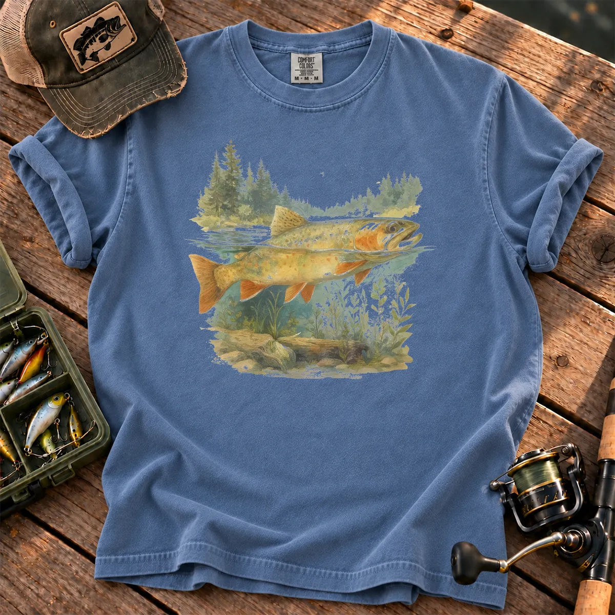 Watercolor Trout Forest T-Shirt in Blue Jean