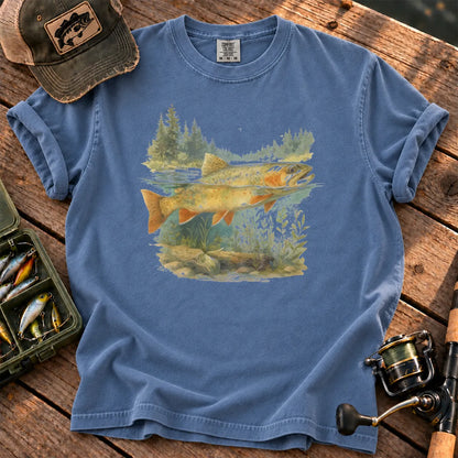 Watercolor Trout Forest T-Shirt in Blue Jean