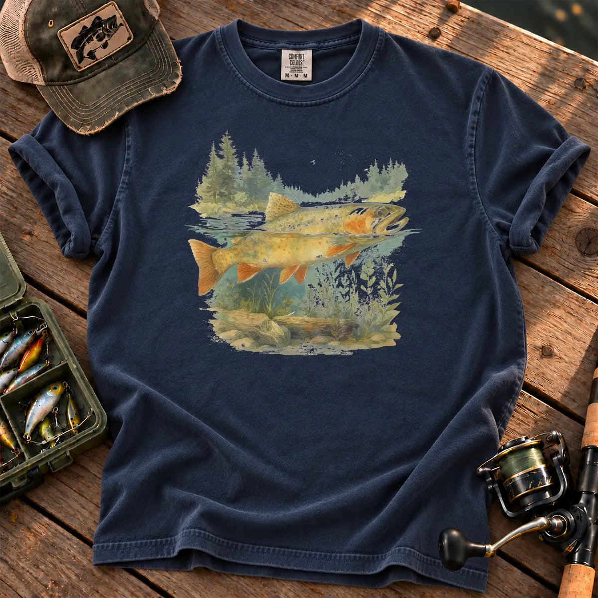 Watercolor Trout Forest T-Shirt in True Navy