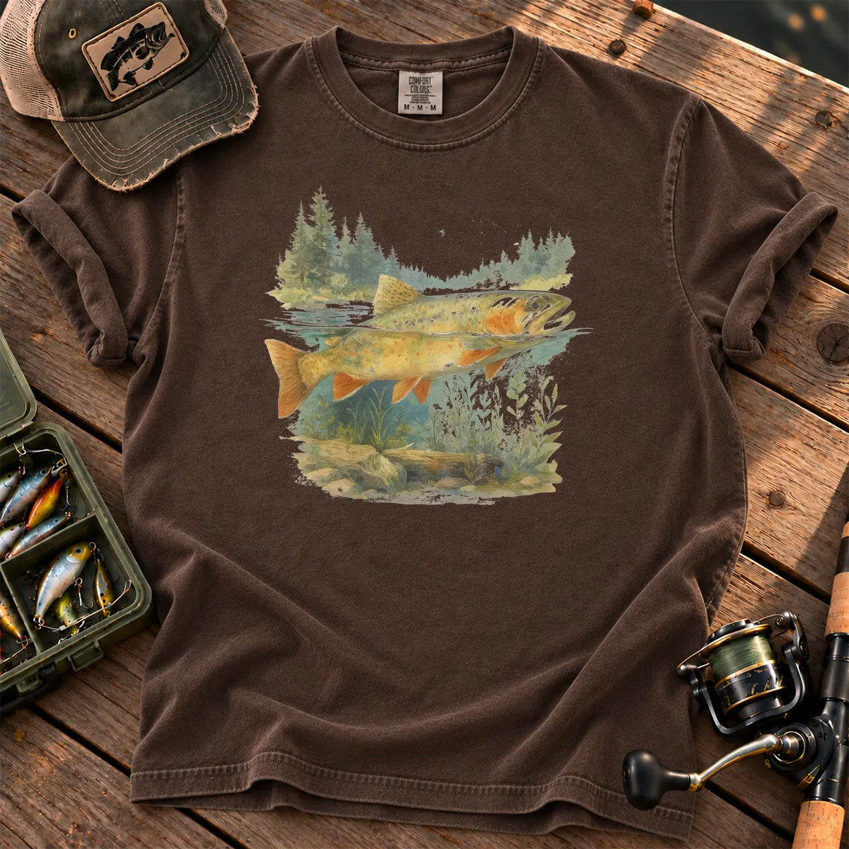 Watercolor Trout Forest T-Shirt in Espresso