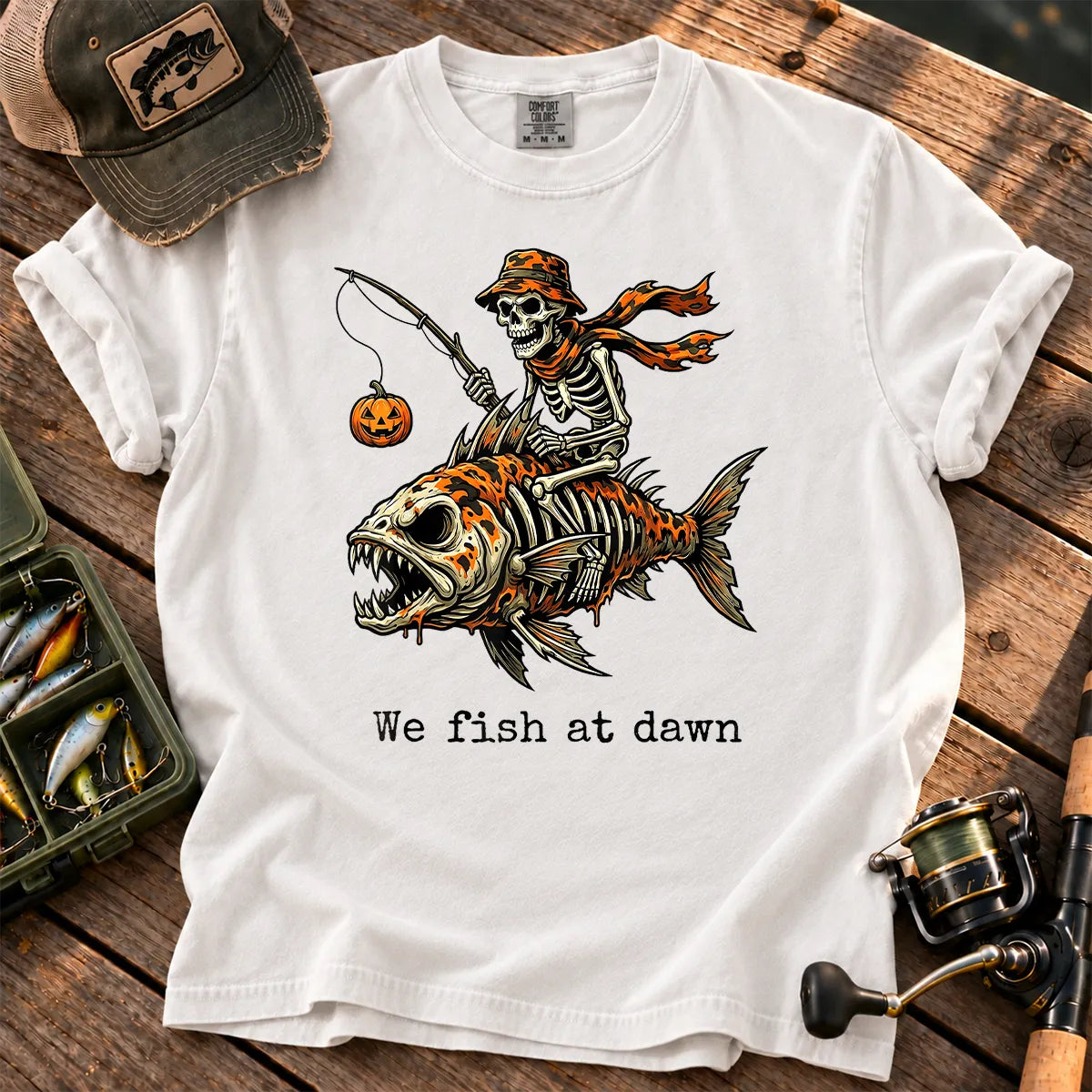 We Fish at Dawn Skeleton T-Shirt in White