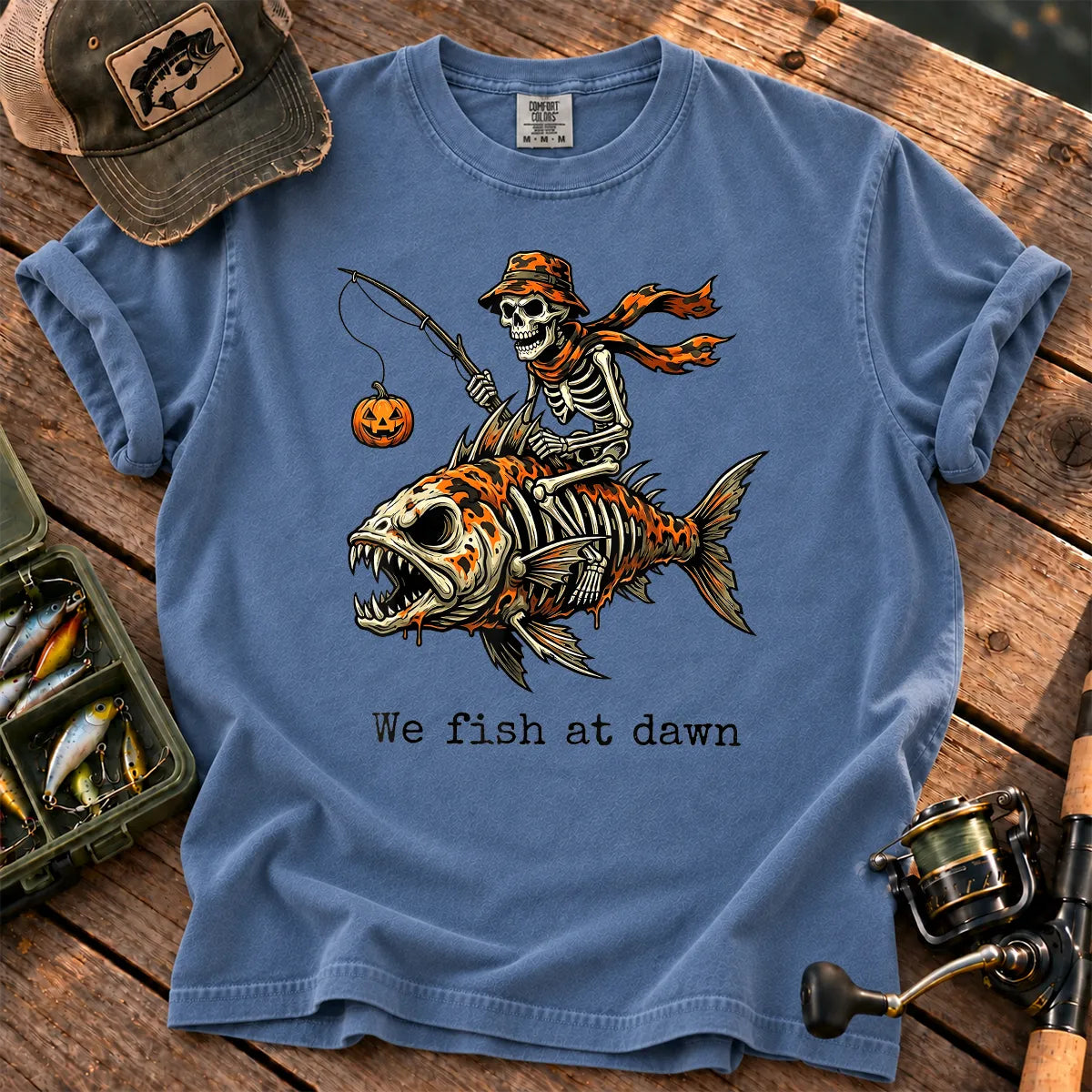 We Fish at Dawn Skeleton T-Shirt in Blue Jean