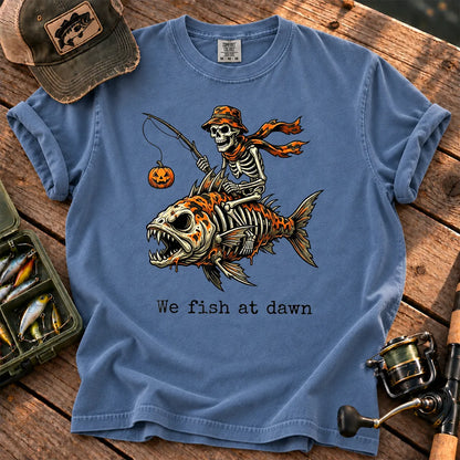 We Fish at Dawn Skeleton T-Shirt in Blue Jean