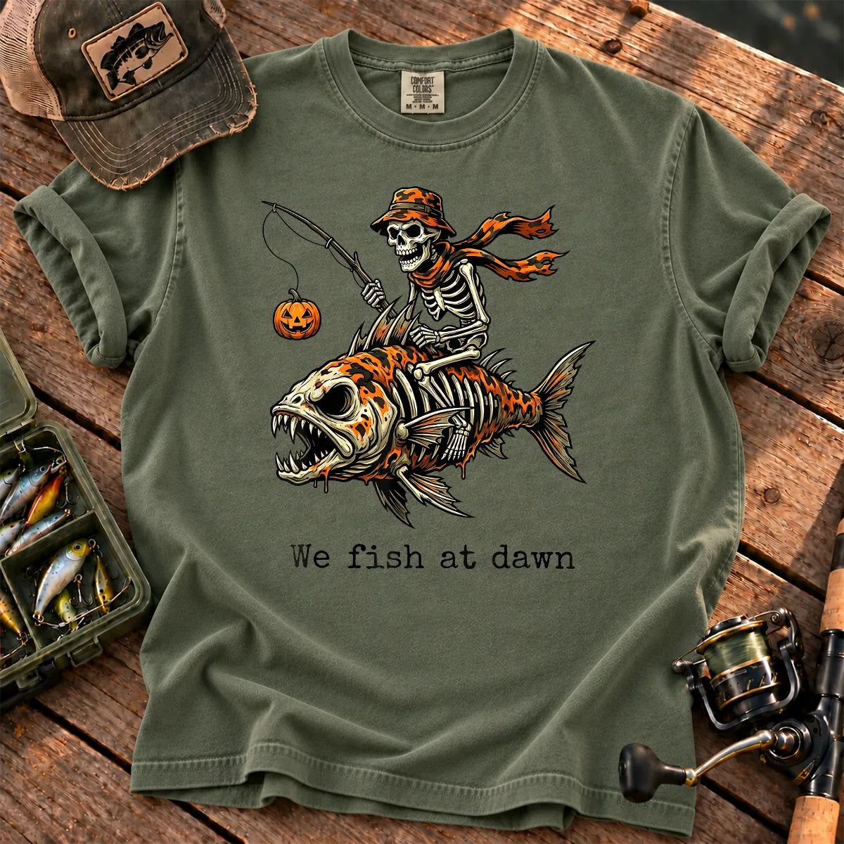 We Fish at Dawn Skeleton T-Shirt in Moss