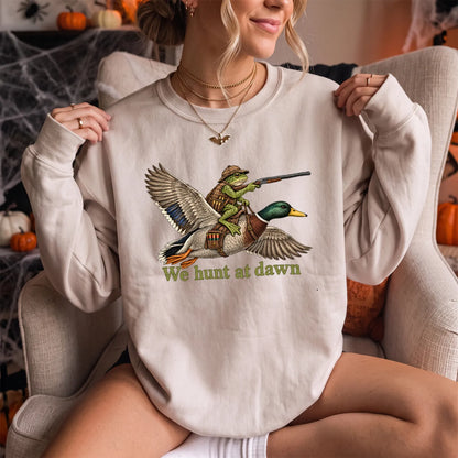 We Hunt at Dawn Frog Hunter Sweatshirt Women model in Sand